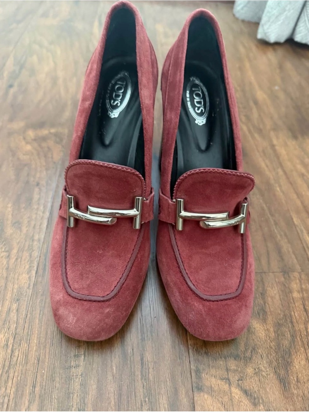 Tod's Wine Suede Loafers with Silver-Tone Bit